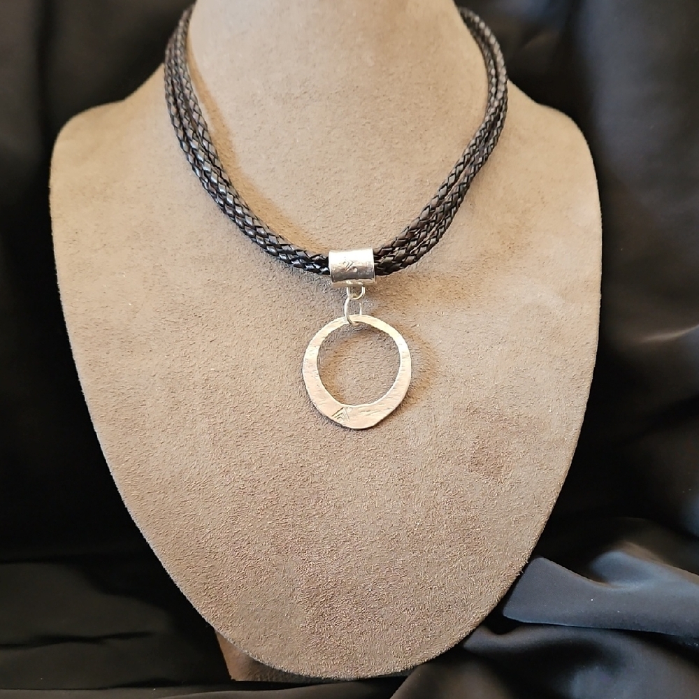 Silpada Sterling silver Hammered Pendant  3 Strand Braided Brown Leather.